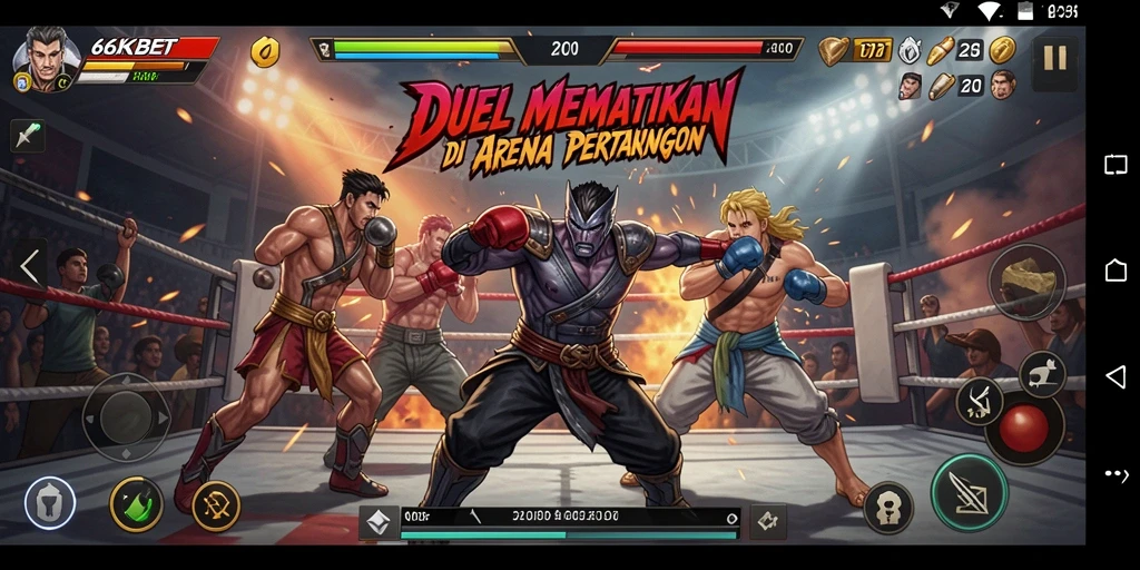 Screenshot 66KBET menunjukkan karakter bertarung dalam arena menegangkan.