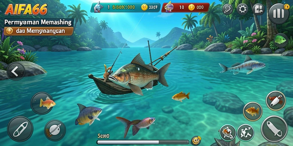Tampilan gameplay AIFA66 yang menampilkan aktivitas memancing yang seru.