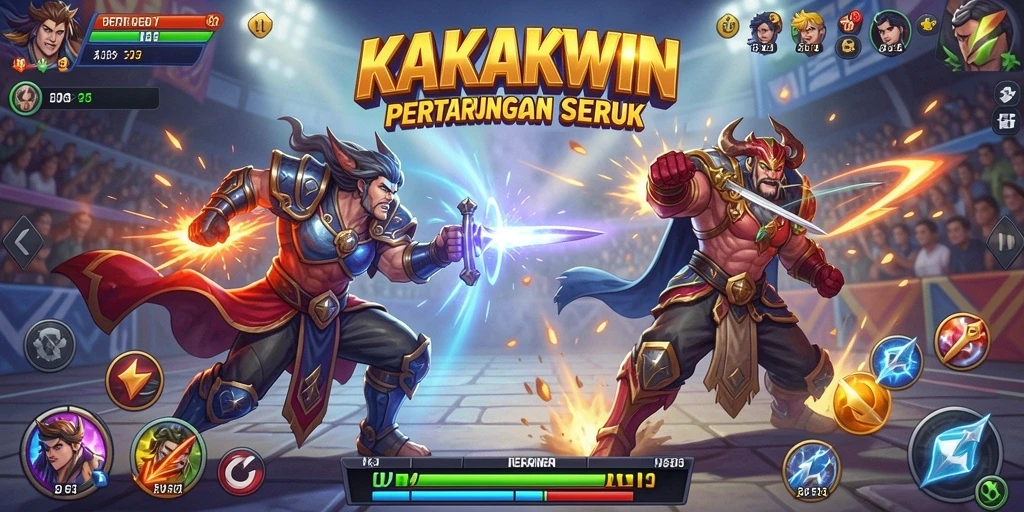 Tangkapan layar KAKAKWIN menampilkan aksi pertarungan yang mendebarkan di arena.