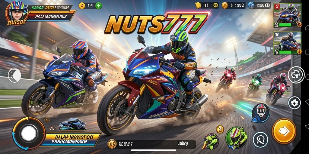Tampilan gameplay yang memukau di NUTS777 saat balapan motor.